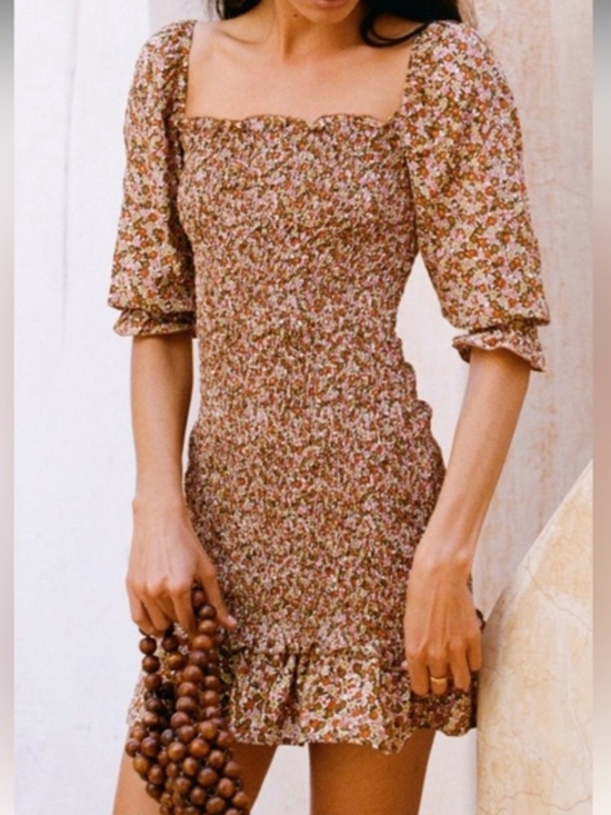 Faithfull the Brand Dresses & Skirts - Faithfull the Brand Es Saada Ruched Mini Dress in Mathiola Brown Floral XS